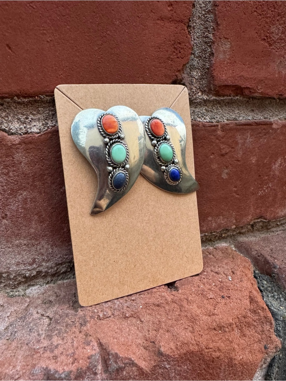 Native, Large Heart Earrings - Sterling, Lapis, Spiny Oyster & Turquoise - Picture 6 of 6